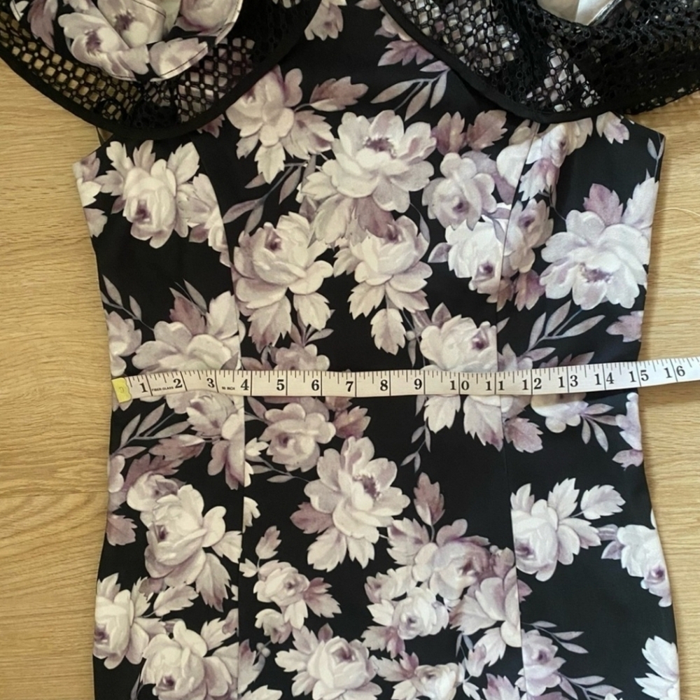 Bebe 8 Black & Pink Floral Mini cocktail dress Cold Shoulder Ruffle - Picture 11 of 16